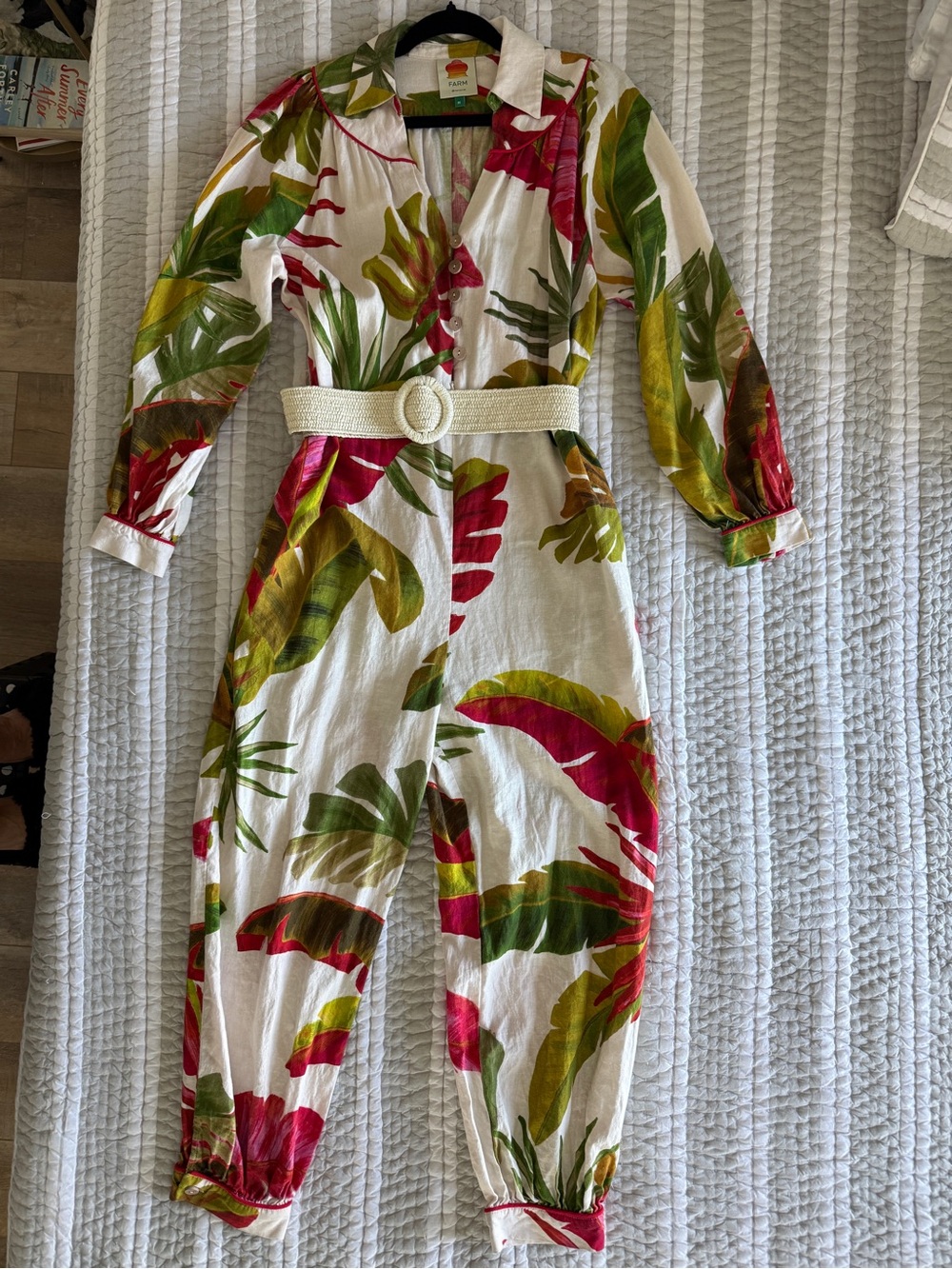 FARM Rio White Jumpsuit with Green & Pink Tropical Leaf Print